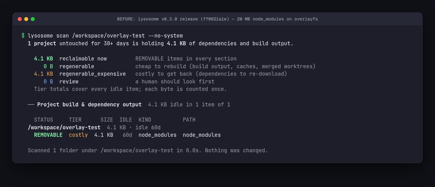 v0.3.0 scan of a 20 MB node_modules on overlayfs, reported as 4.1 KB