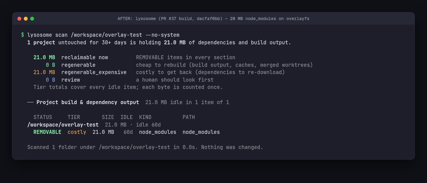 PR #37 build of the same overlayfs repro, reported as 21.0 MB. Not in a release yet.